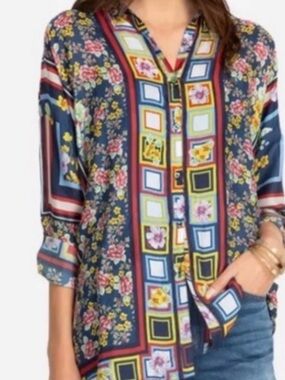 Johnny Was Delphine Printed Silk Blouse Medium